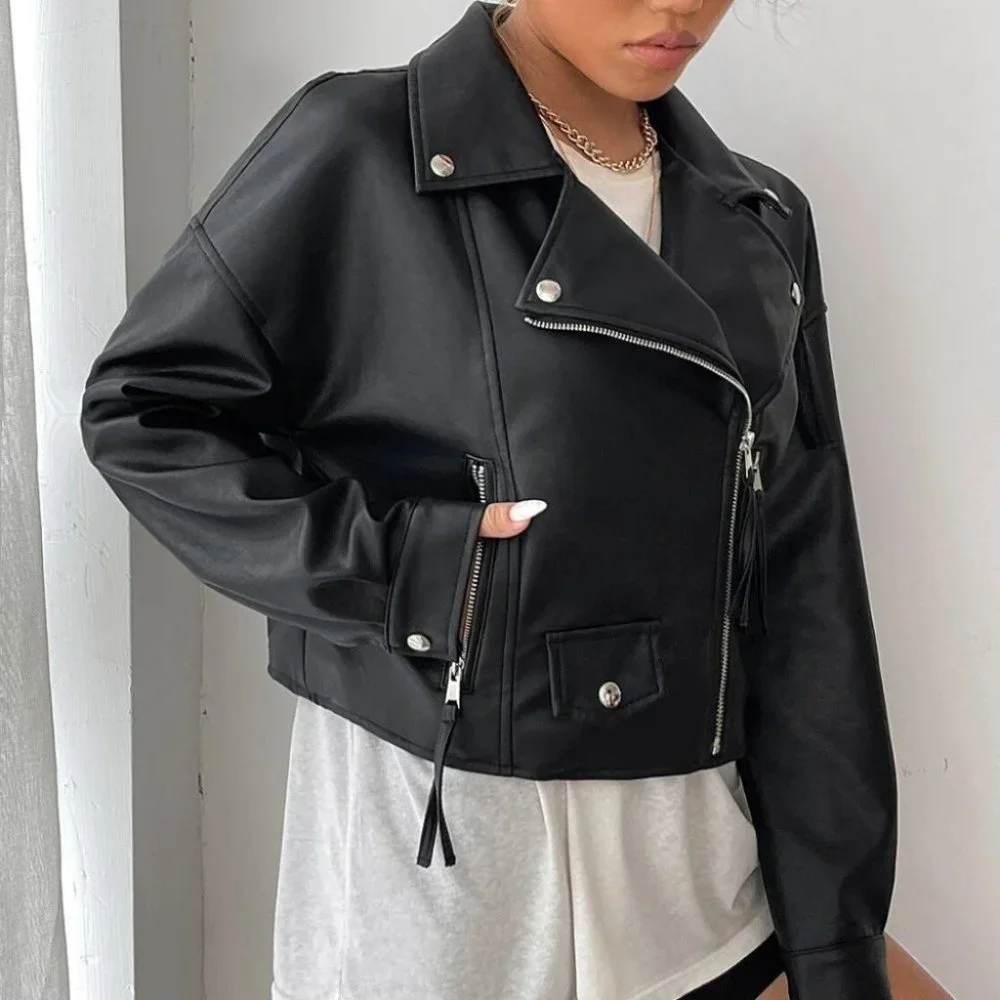 BLACK PU LEATHER ZIPPER BIKER JACKET - Picture 3 of 6